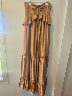Mustard Seed Boho Strapless Jumpsuit Wide Leg Ruffle Tiered Tan Small